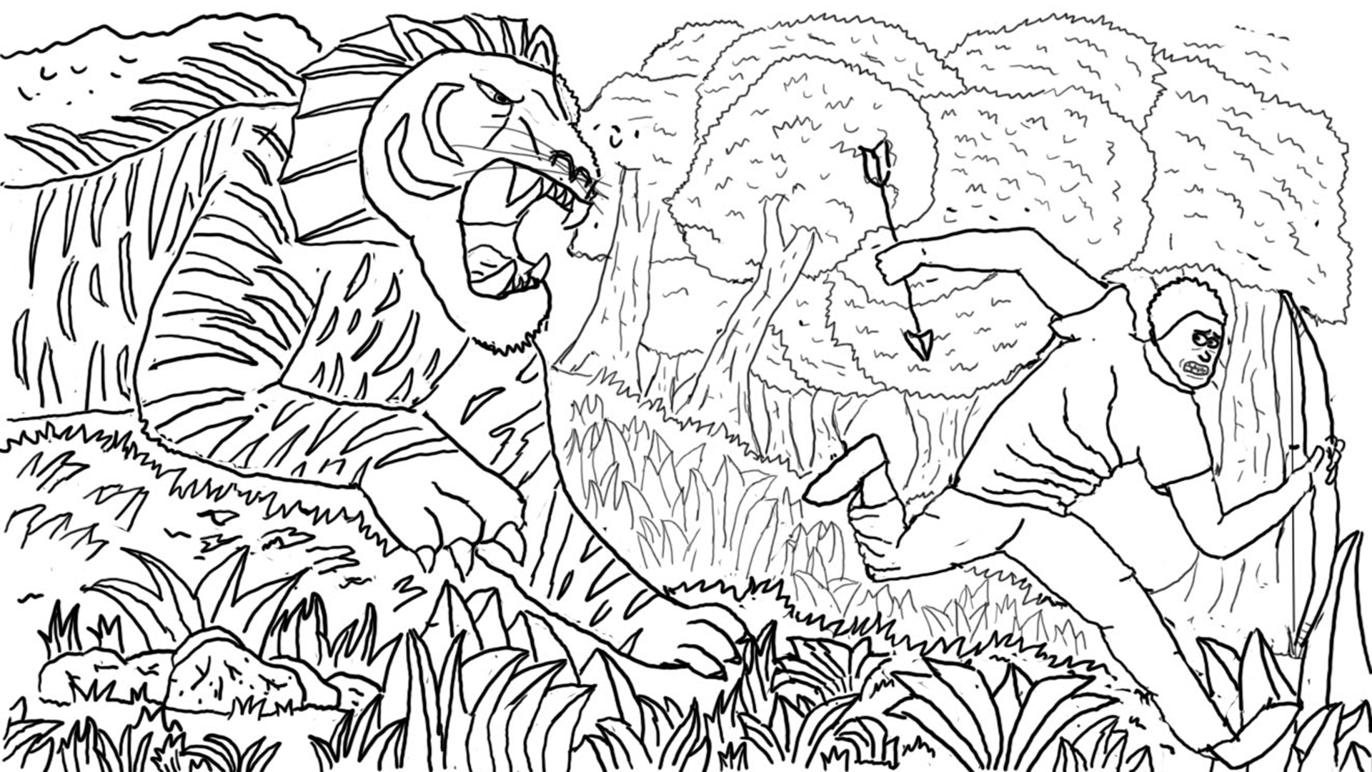 A lion runs behind a hunter in the jungle art created by Dragan Kovacevic.