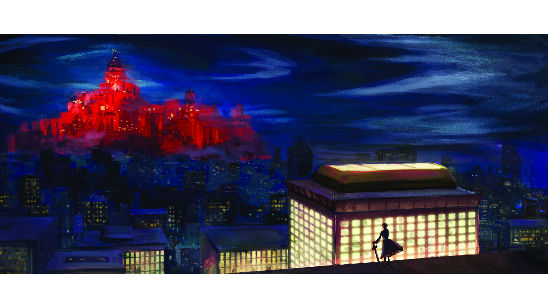 Tatiana Diaz created an image of a girl standing on a rooftop with a sword, overlooking the city at night.